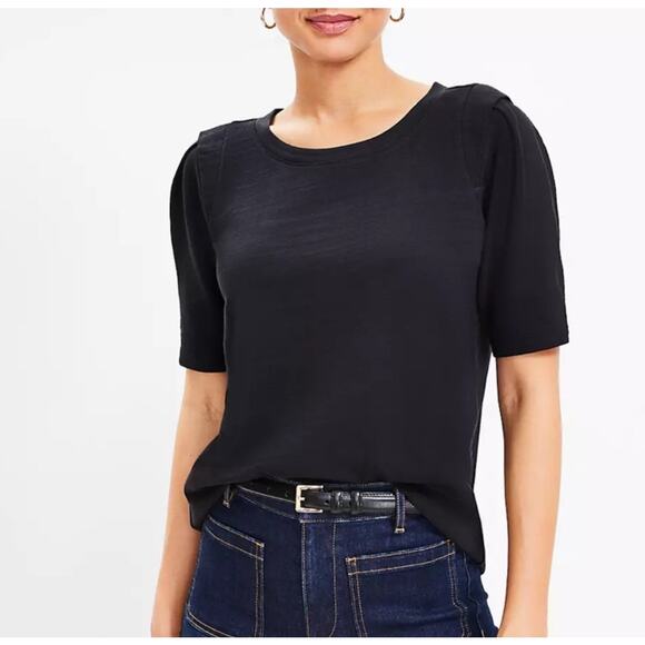 LOFT Sam Slub Petal Sleeve Tee Petite Medium Black - Picture 1 of 8